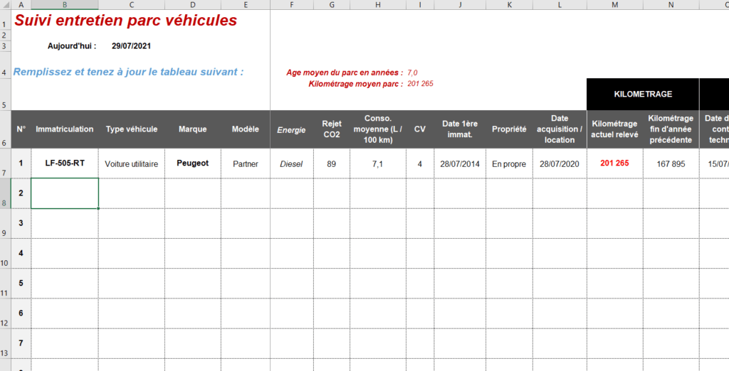 Suivi Entretien Parc Automobile Tableau Excel Gratuit