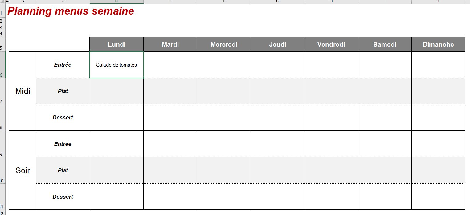 Planning Menu Semaine Excel : Un Exemple GRATUIT