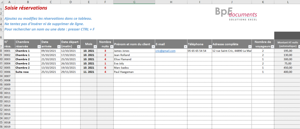 Logiciel de réservation hôtel Excel GRATUIT, à télécharger ICI