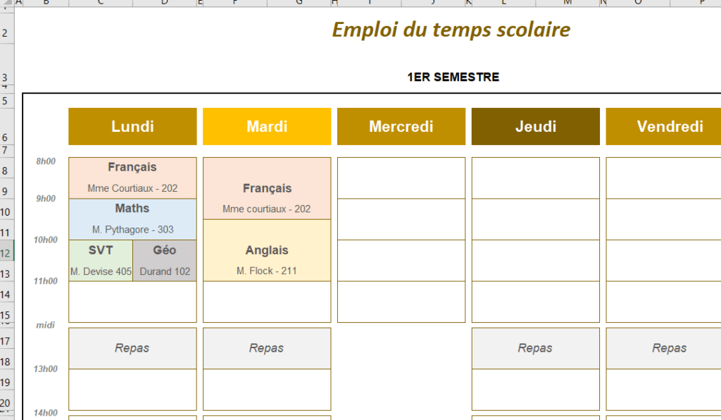 Modele Emploi Du Temps Excel 100 Gratuit Scolaire