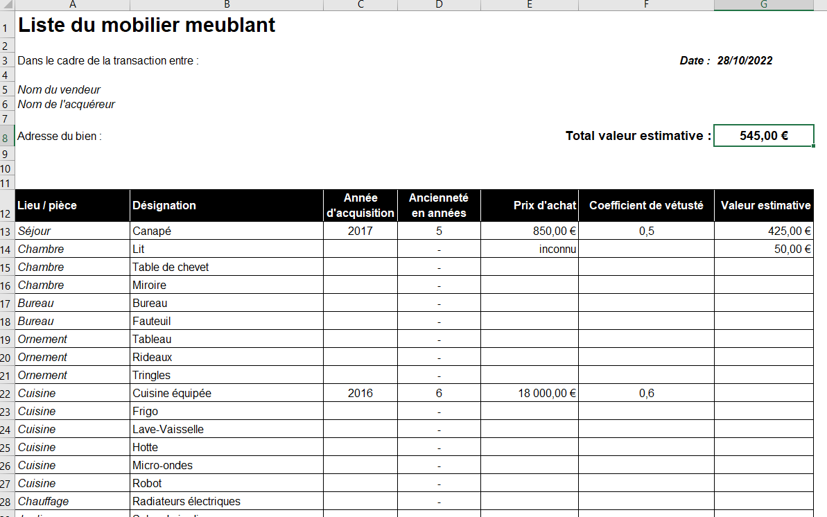 Modèle Liste Mobilier Compromis De Vente : Exemple Gratuit