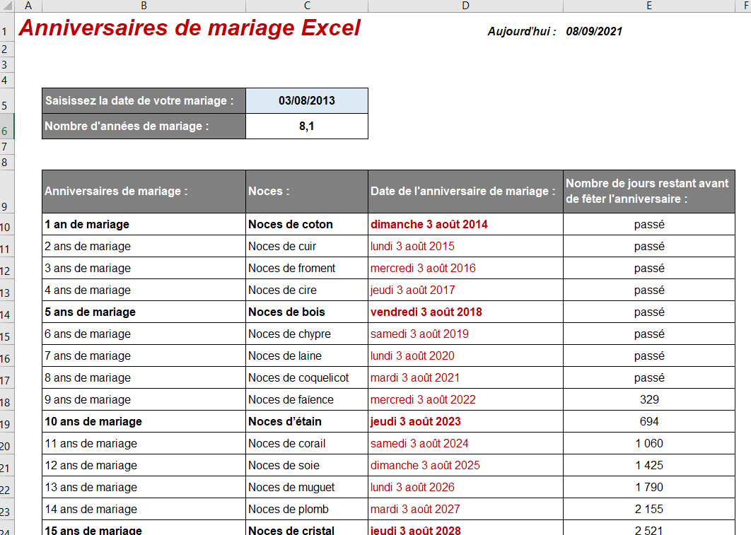 Calendrier Anniversaire Mariage Gratuit : Modèle IDEAL