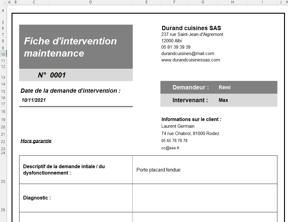 Fiche Dintervention Excel Modele Gratuit Suivi Maintenance