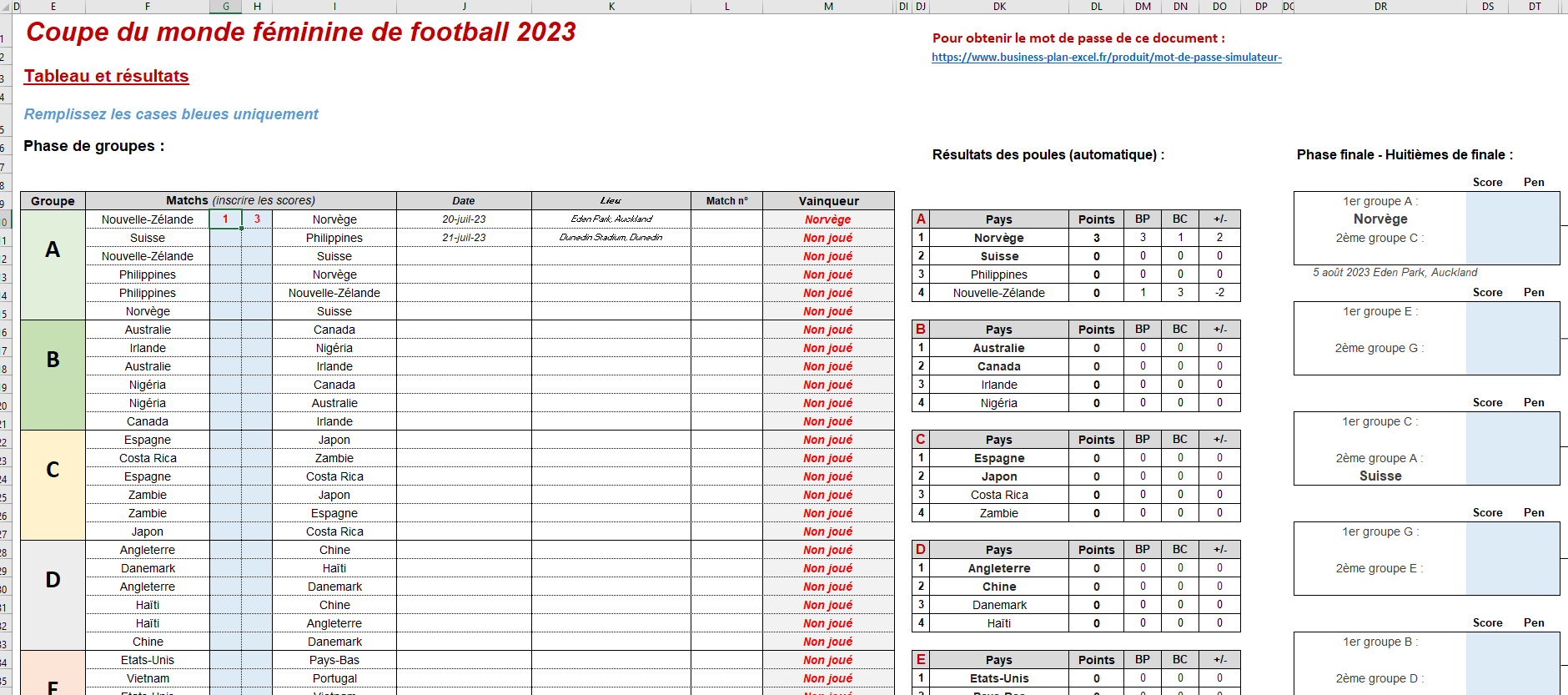 Coupe Du Monde Féminine De Football 2023 : Tableau Excel